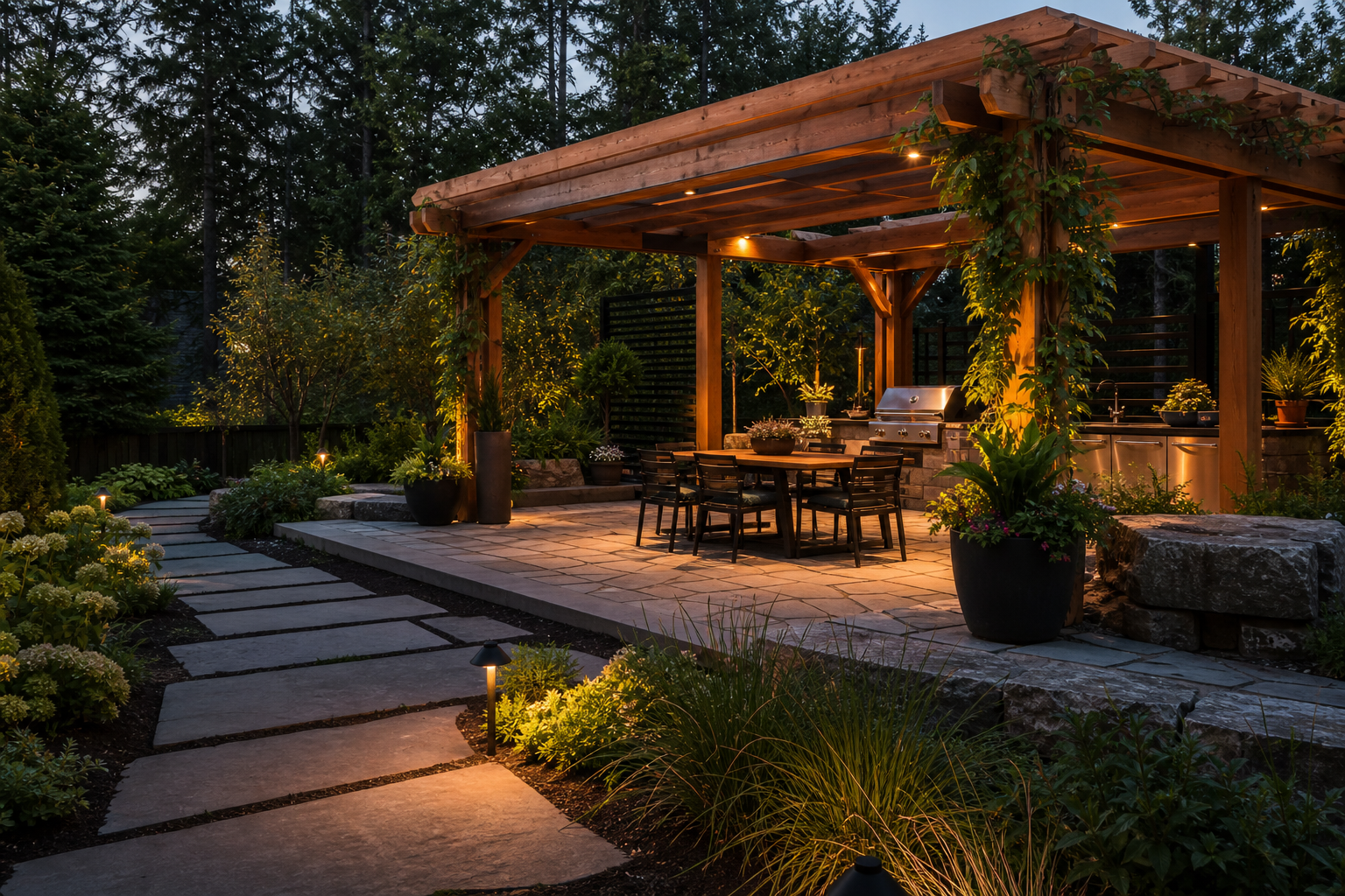 Cedar pergola and outdoor kitchen