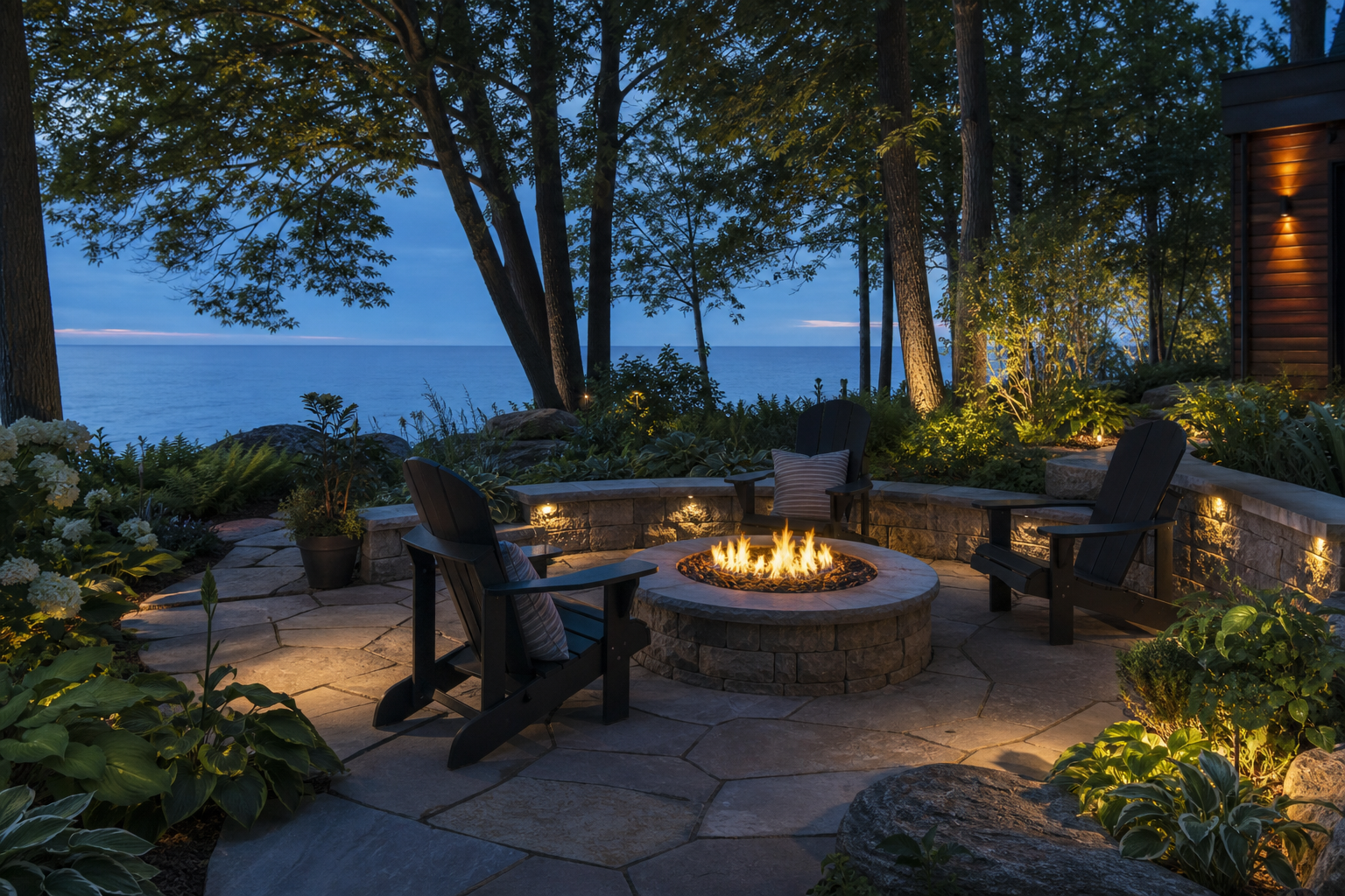Lakefront garden and stone fire lounge
