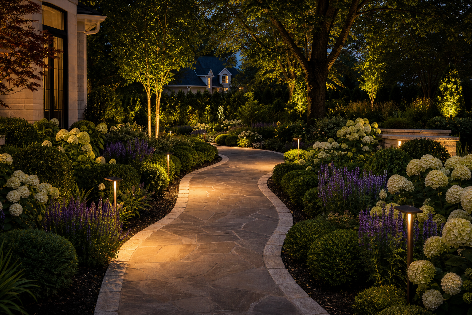Curved illuminated flagstone path
