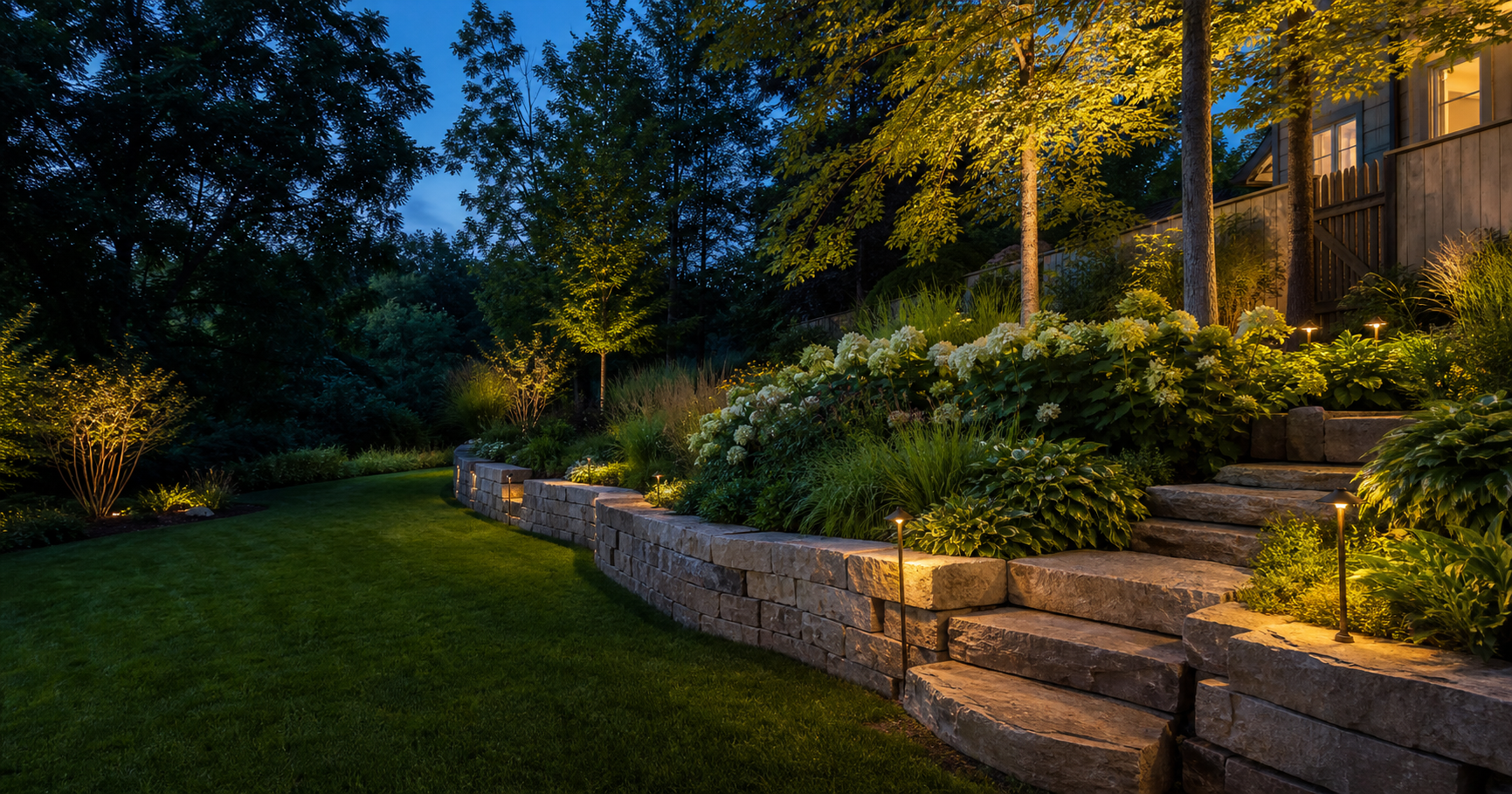 Layered garden and limestone retaining wall